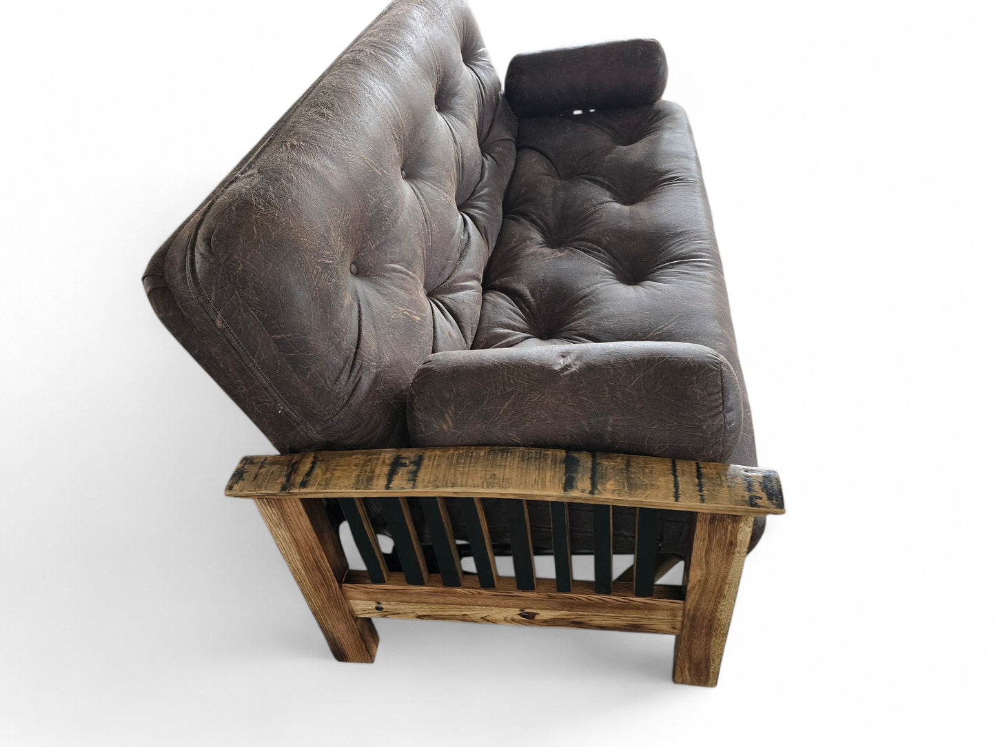 Whiskey Barrel Stave Sleeper Sofa – Amish-Crafted Rustic Futon with Authentic Reclaimed Barrel Arms