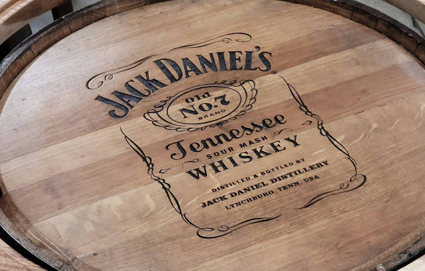 Jack Daniels® Double Whiskey Barrel, Table Top (48"X84" Reclaimed Barn Wood) with Glass Inlays, Metal Footrest, Free Shipping!