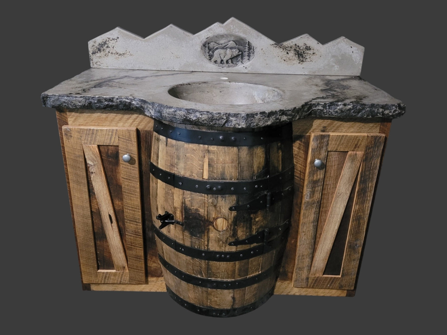 Reclaimed Whiskey Barrel Vanity with Concrete Top and Backsplash - Free Shipping - Made in the USA!