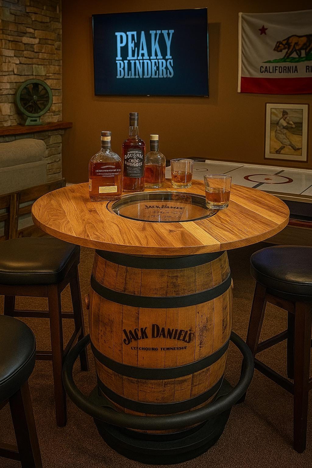 Jack Daniels® Whiskey Barrel, Table Top (48" burnt hickory) with Glass Inlay, Metal Footrest - Free Shipping!