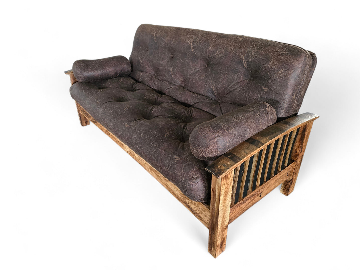 Whiskey Barrel Stave Sleeper Sofa – Amish-Crafted Rustic Futon with Authentic Reclaimed Barrel Arms