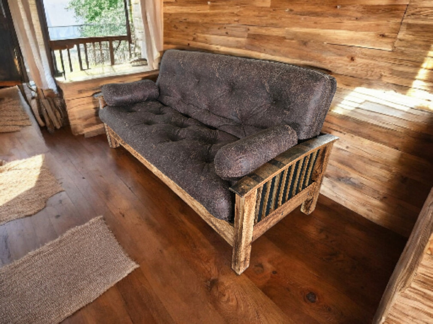 Whiskey Barrel Stave Sleeper Sofa – Amish-Crafted Rustic Futon with Authentic Reclaimed Barrel Arms