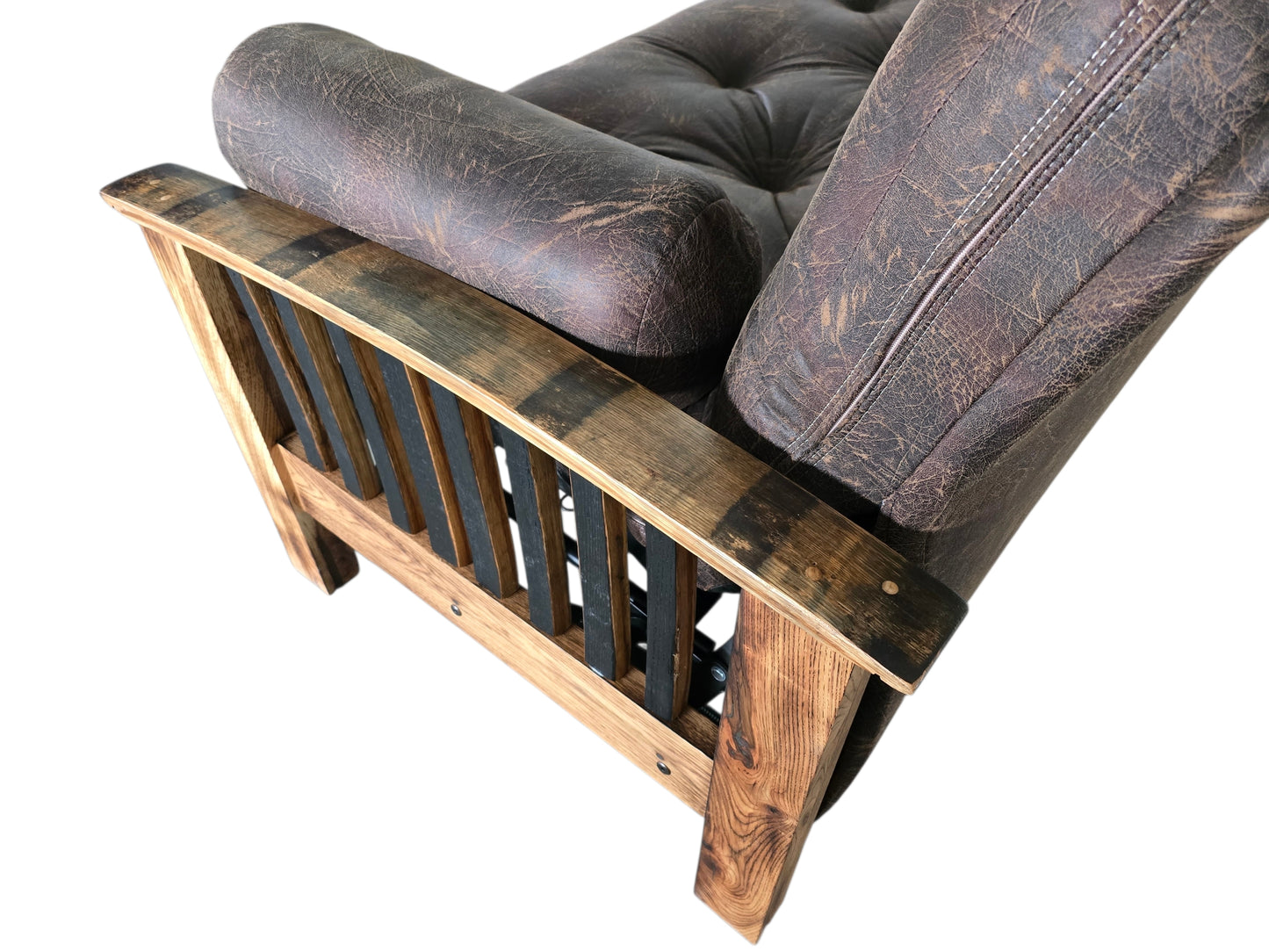 Whiskey Barrel Stave Sleeper Sofa – Amish-Crafted Rustic Futon with Authentic Reclaimed Barrel Arms