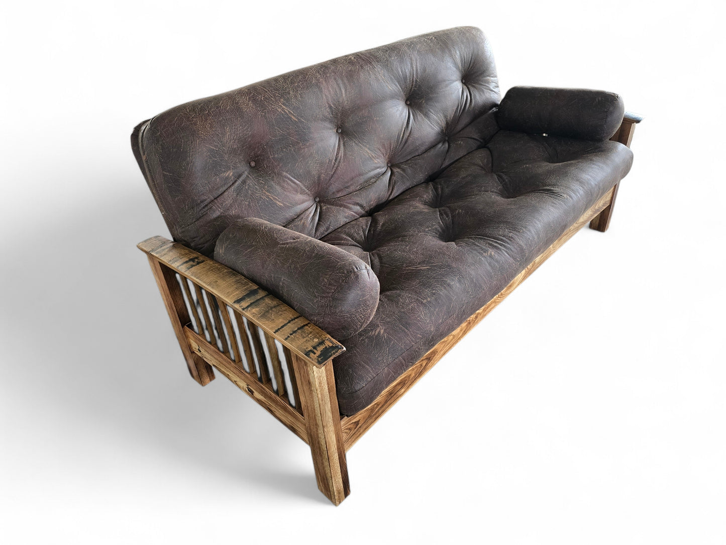 Whiskey Barrel Stave Sleeper Sofa – Amish-Crafted Rustic Futon with Authentic Reclaimed Barrel Arms
