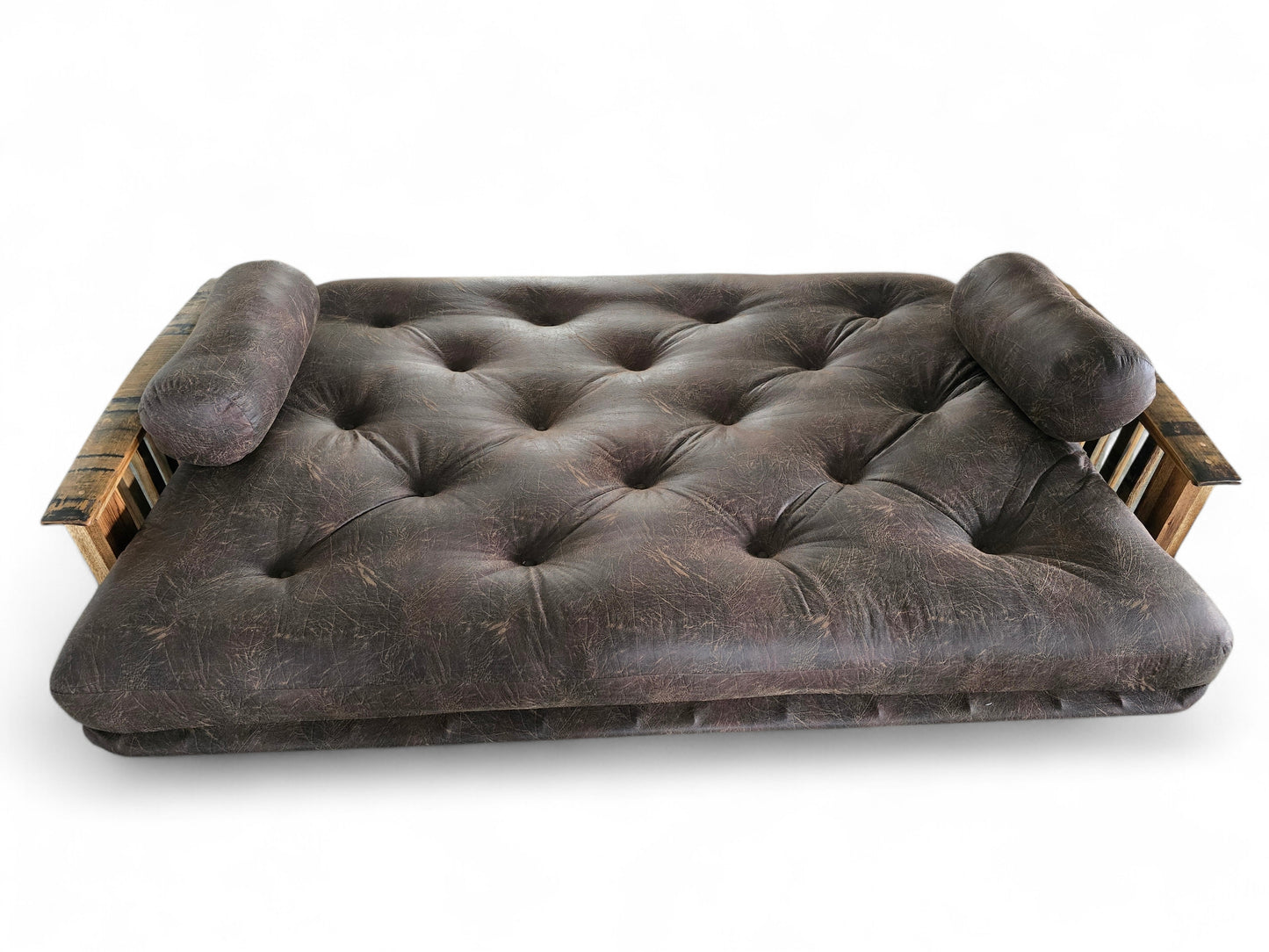 Whiskey Barrel Stave Sleeper Sofa – Amish-Crafted Rustic Futon with Authentic Reclaimed Barrel Arms