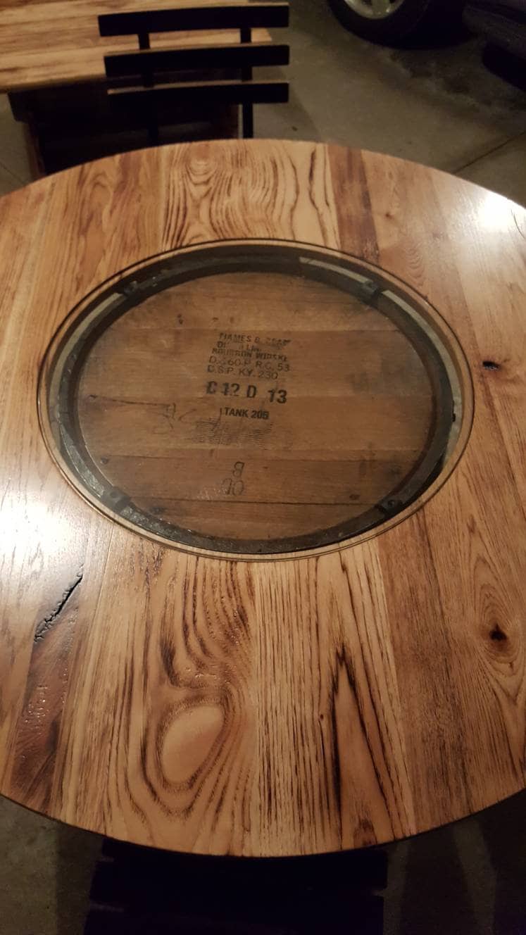 Whiskey Barrel Table with Footrest, 48" Burnt Hickory Top and 4 Stave Stools