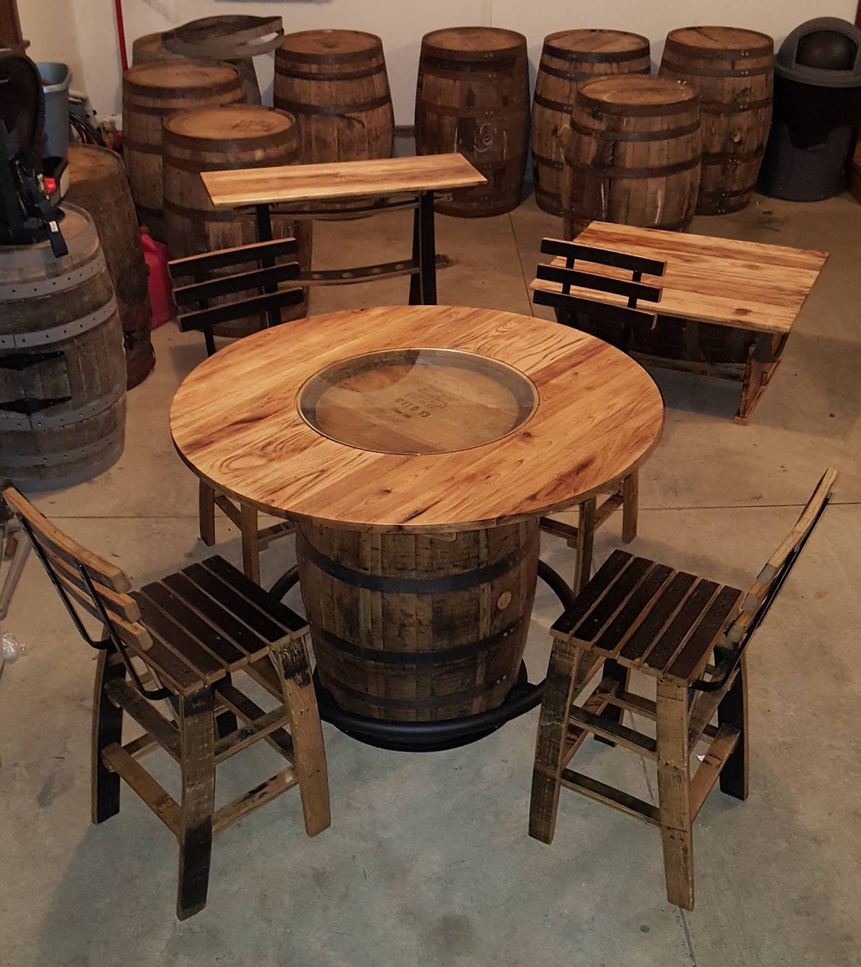 Whiskey Barrel Table with Footrest, 48" Burnt Hickory Top and 4 Stave Stools