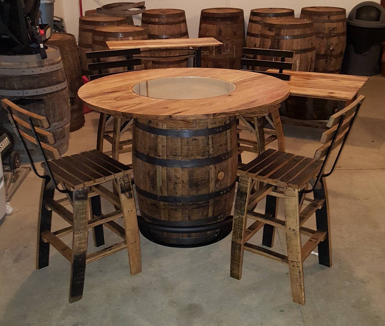 Whiskey Barrel Table with Footrest, 48" Burnt Hickory Top and 4 Stave Stools
