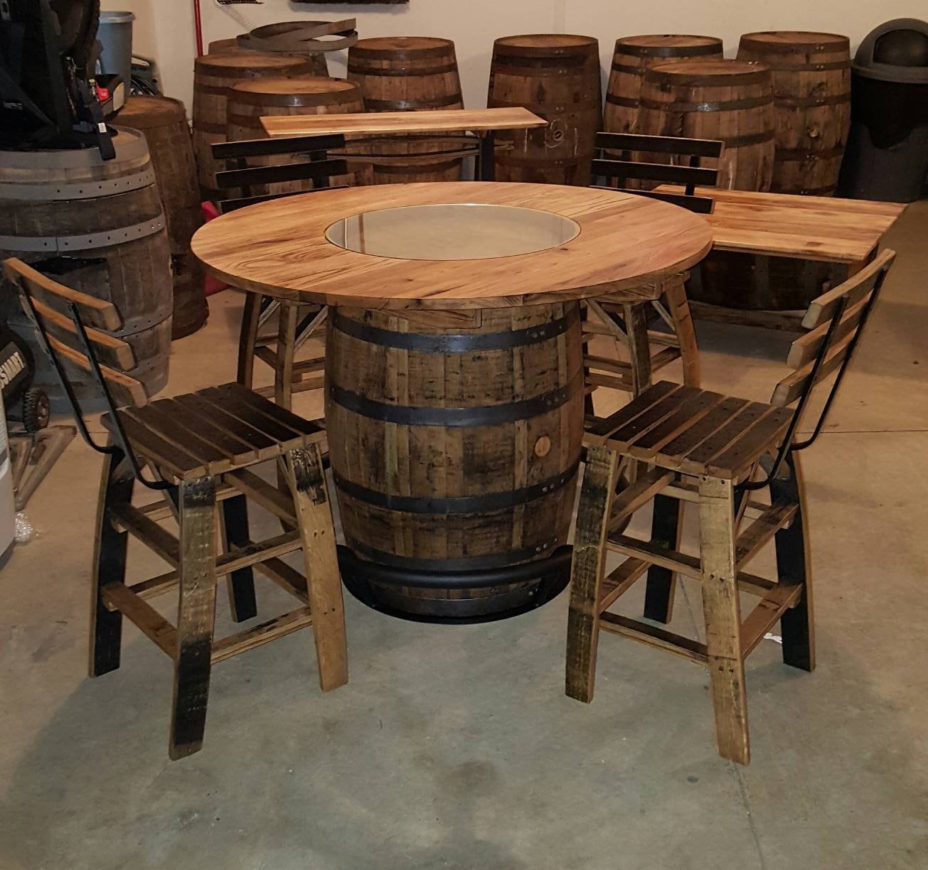 Whiskey Barrel Table with Footrest, 48" Burnt Hickory Top and 4 Stave Stools