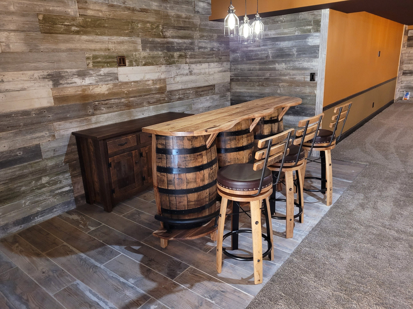 3 Barrel Whiskey Bar, Burnt Hickory, Free Shipping, Made in the USA!