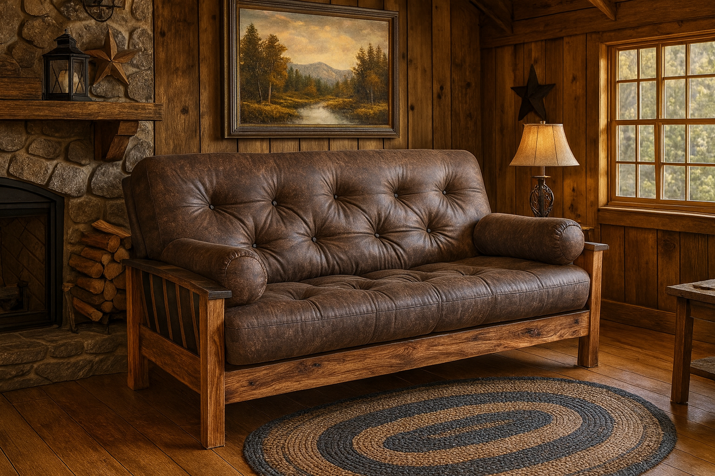 Whiskey Barrel Stave Sleeper Sofa – Amish-Crafted Rustic Futon with Authentic Reclaimed Barrel Arms