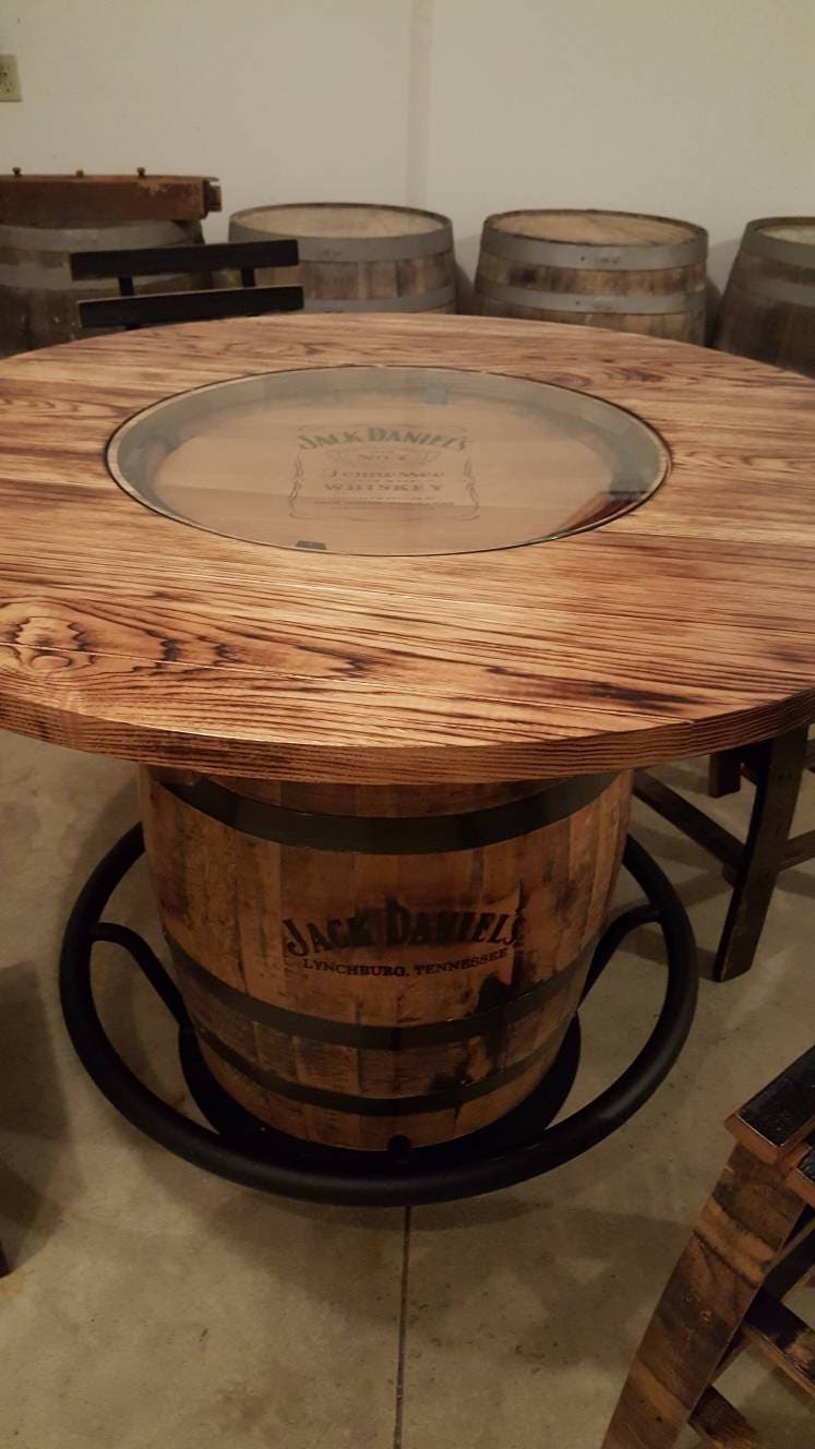 Whiskey Barrel Table TOP ONLY with Center Glass Inlay and Mounting Brackets, Free Shipping - Made in the USA!