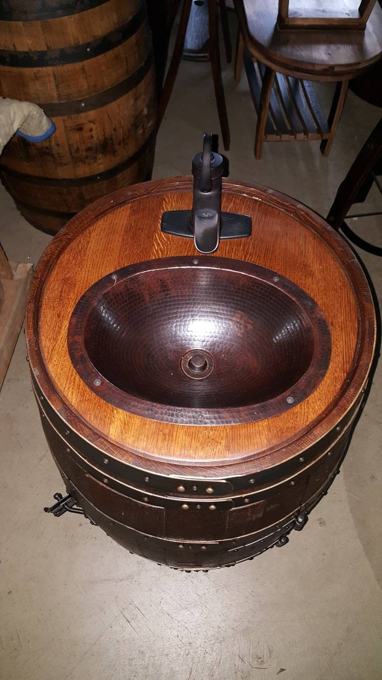 Whiskey Barrel Vanity with Oval Hammered Copper Sink, Wine Barrel Vanity