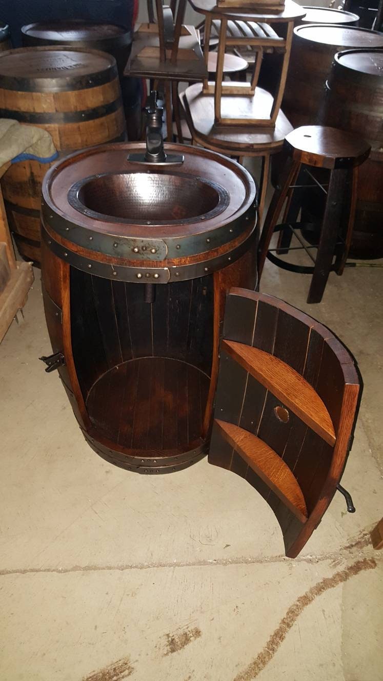 Whiskey Barrel Vanity with Oval Hammered Copper Sink, Wine Barrel Vanity