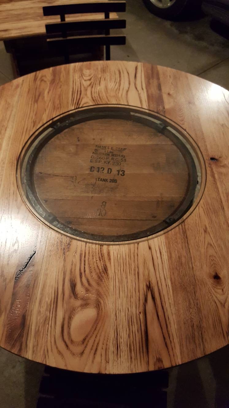 Whiskey Barrel Table with Footrest, 48" Burnt Hickory Top and 4 Stave Stools, Free Shipping, Made in the USA!