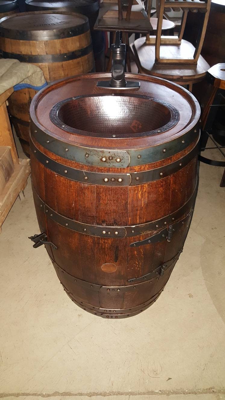 Whiskey Barrel Vanity with Oval Hammered Copper Sink, Wine Barrel Vanity
