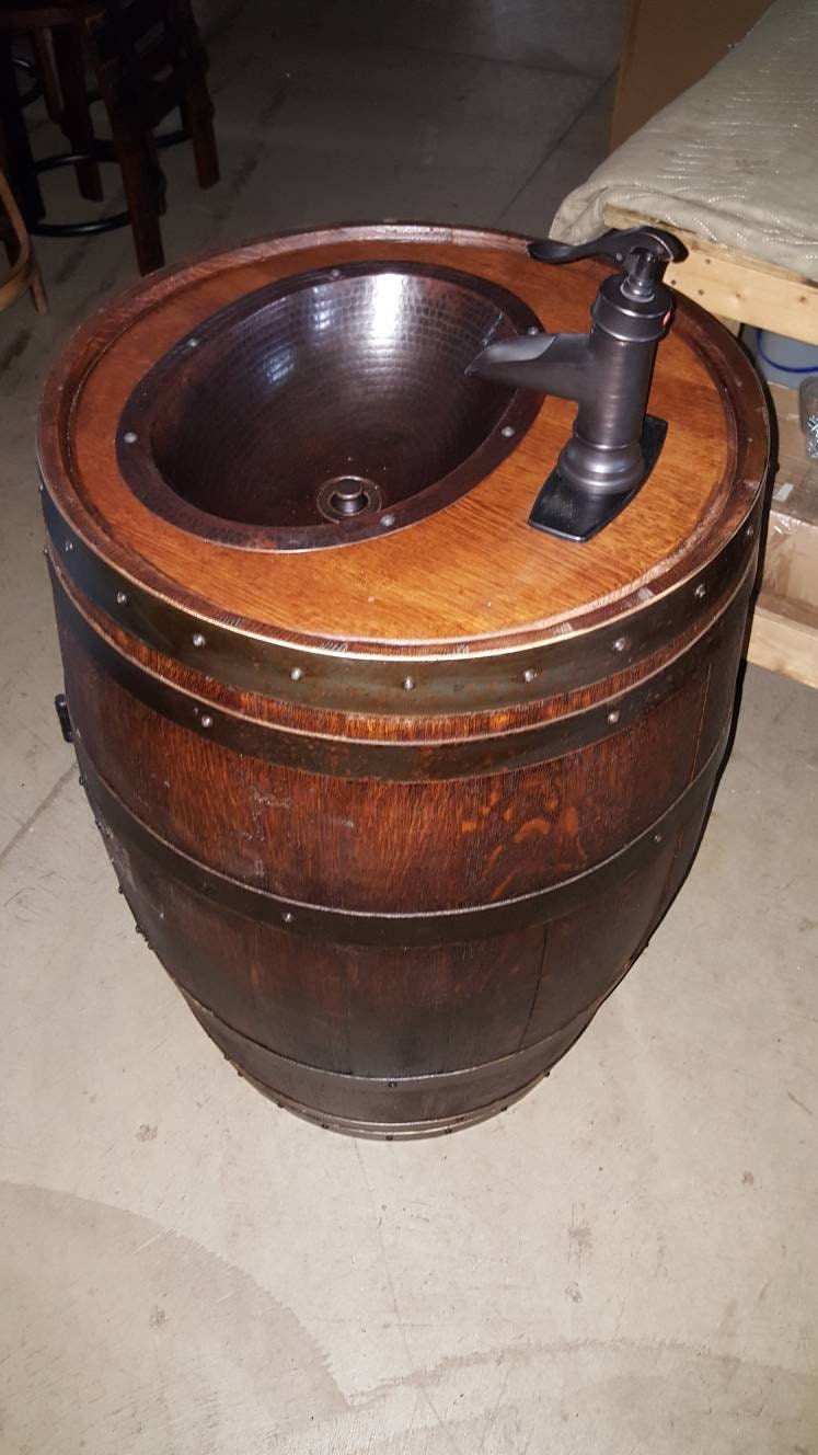 Whiskey Barrel Vanity with Oval Hammered Copper Sink, Wine Barrel Vanity