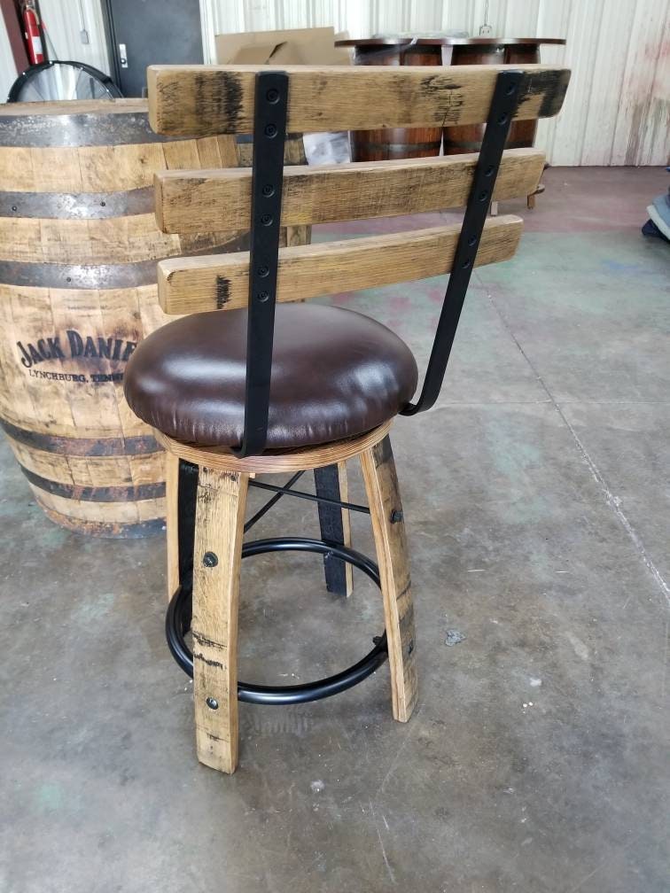 Whiskey Barrel Stave Bar Stool with Cushioned Swivel Seat, Footrest, Stave Back,(Brown or Black Cushion), FREE SHIPPING, Made in USA!