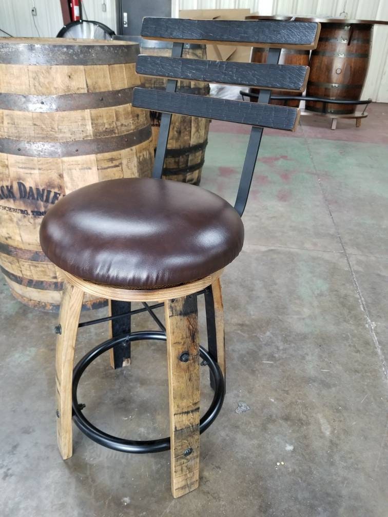Whiskey Barrel Stave Bar Stool with Cushioned Swivel Seat, Footrest, Stave Back,(Brown or Black Cushion), FREE SHIPPING, Made in USA!