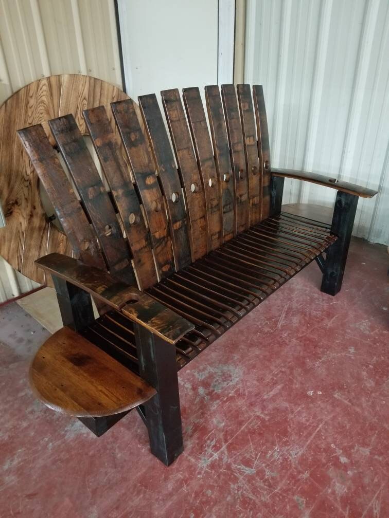 Whiskey Barrel Stave Bench w/Built-In End Tables - Made in the USA with Free Shipping!