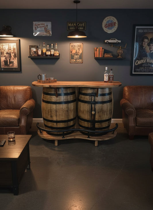 Rustic Double Whiskey Barrel Bar – Burnt Hickory Wood | Home Bar & Bourbon Station