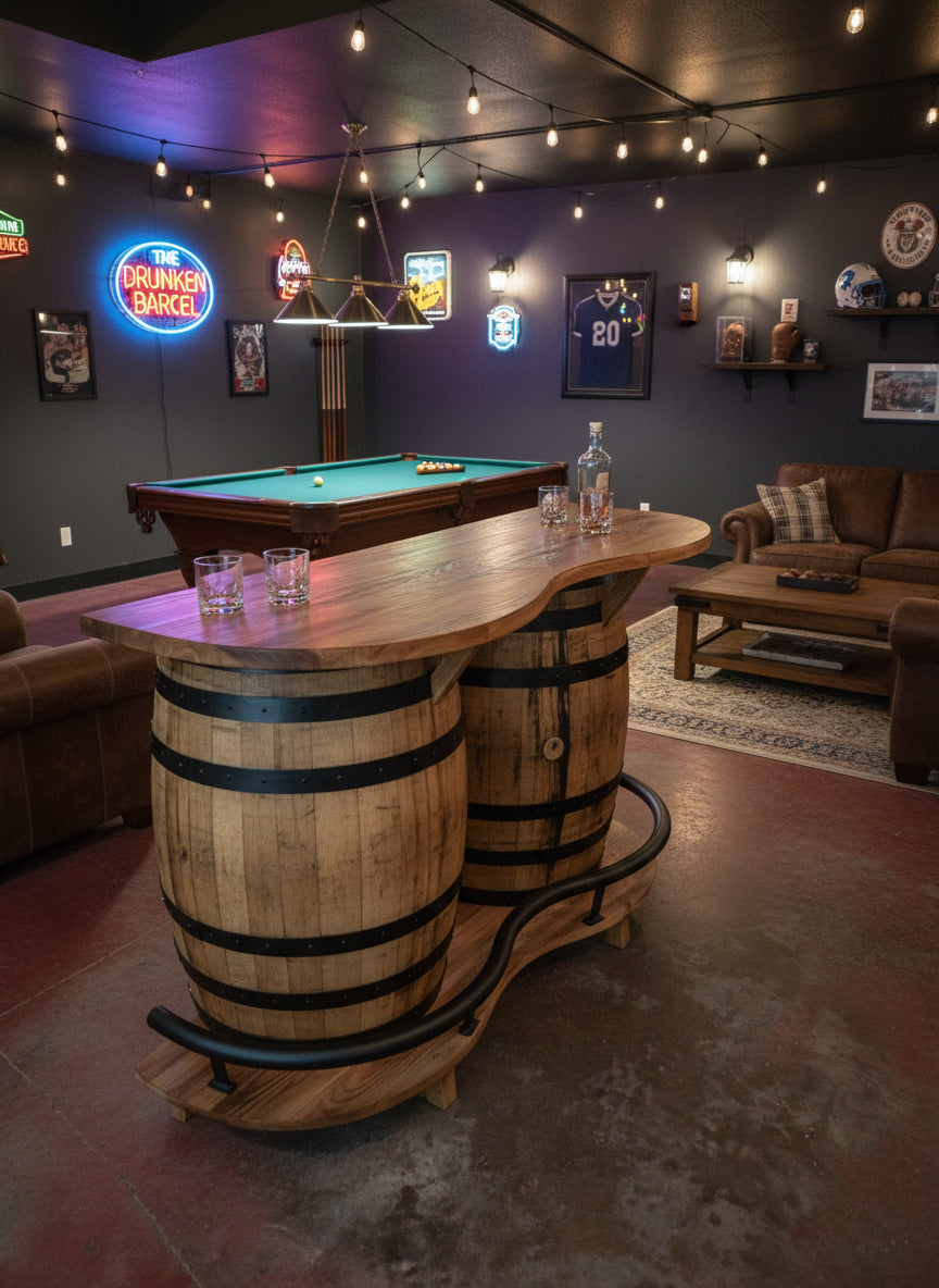 Rustic Double Whiskey Barrel Bar – Burnt Hickory Wood | Home Bar & Bourbon Station
