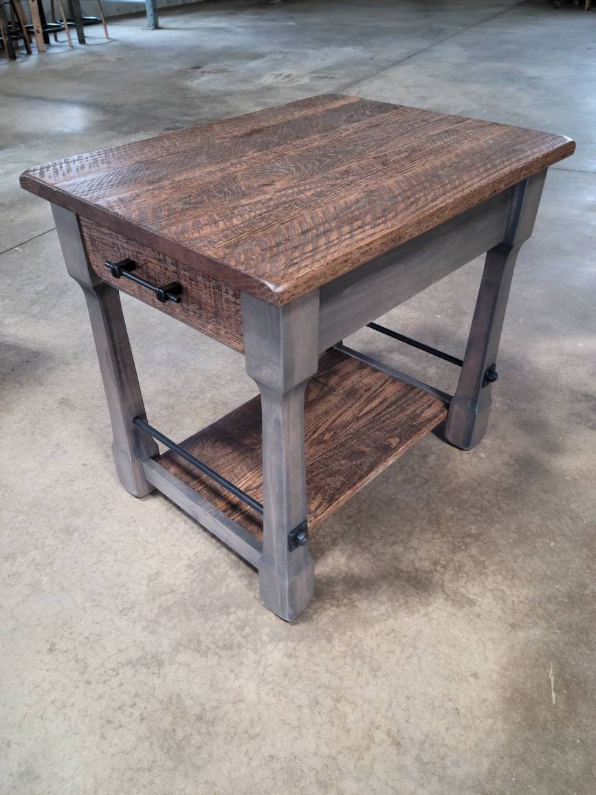 Rough Sawn White Oak End Table with Drawer and Shelf, Hand Built in the USA! Free Shipping