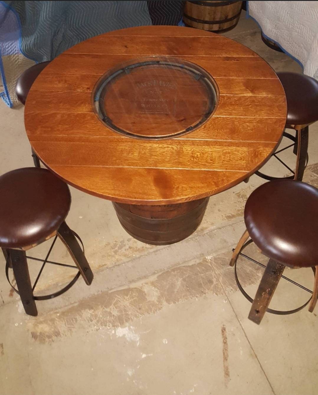 Whiskey Barrel Table TOP ONLY with Center Glass Inlay and Mounting Brackets, Free Shipping - Made in the USA!