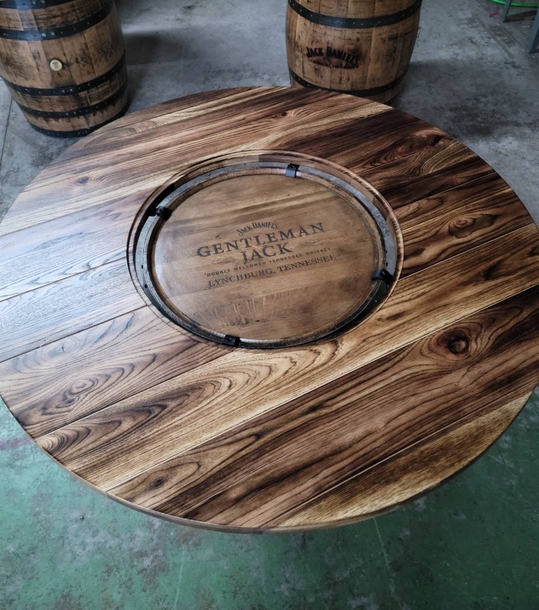 Whiskey Barrel Table TOP ONLY with Center Glass Inlay and Mounting Brackets, Free Shipping - Made in the USA!