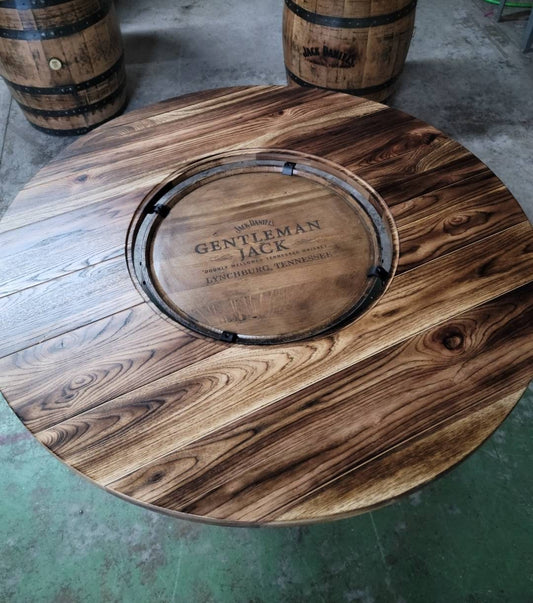 Whiskey Barrel Table TOP ONLY with Center Glass Inlay and Mounting Brackets, Free Shipping - Made in the USA!
