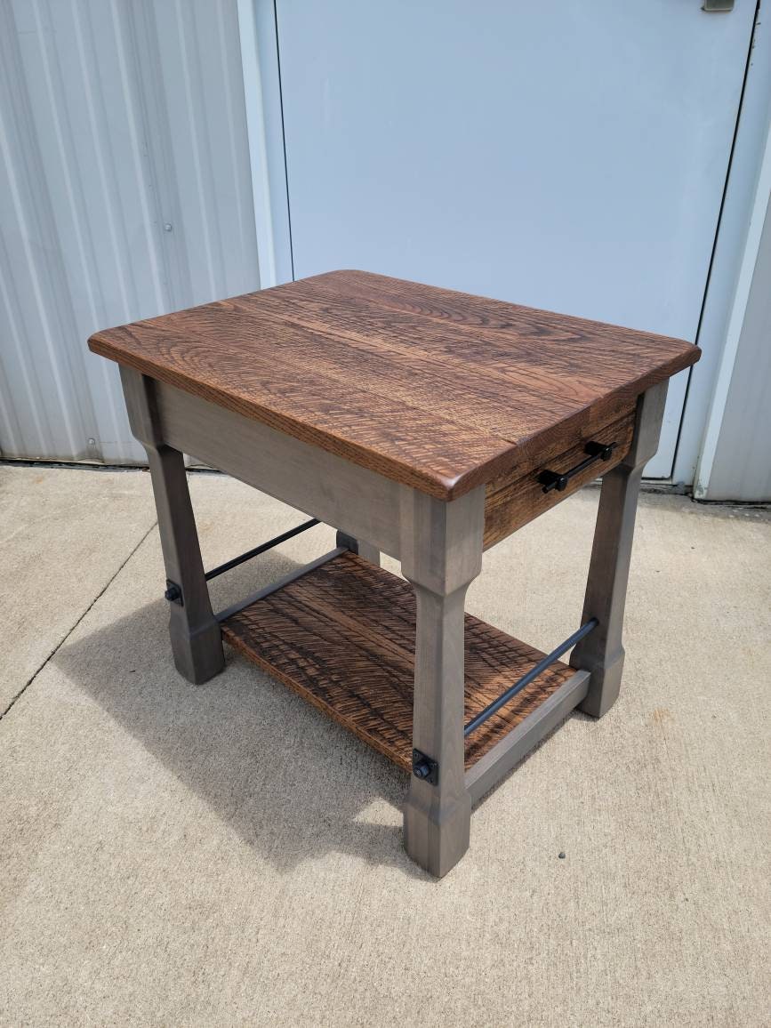 Rough Sawn White Oak End Table with Drawer and Shelf, Hand Built in the USA! Free Shipping
