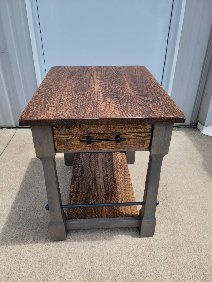 Rough Sawn White Oak End Table with Drawer and Shelf, Hand Built in the USA! Free Shipping