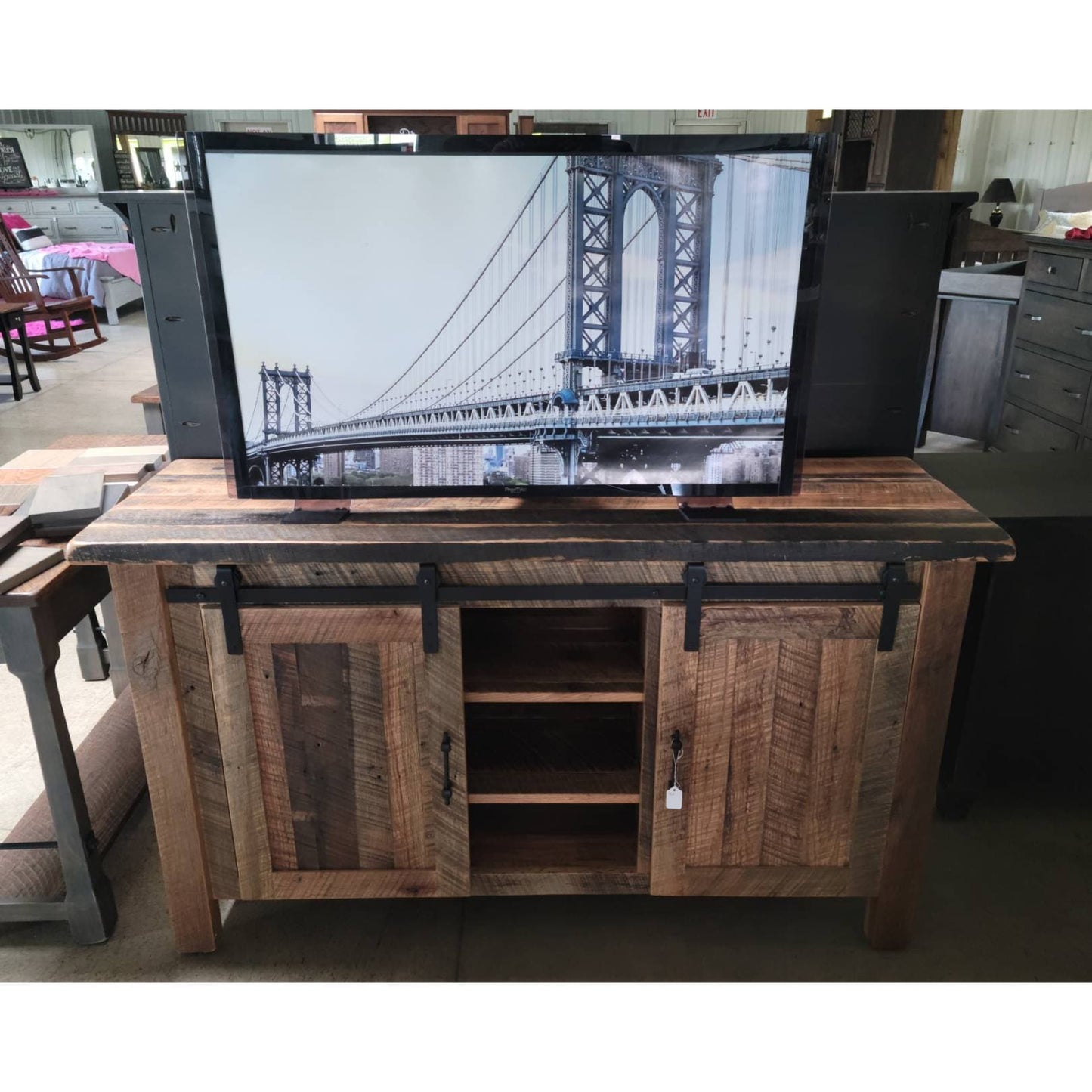Reclaimed Barnwood Entertainment Center, TV Stand. Authentic, Beautiful Solid Amish Built 60"long X 20" deep X 34" tall, Free Shipping