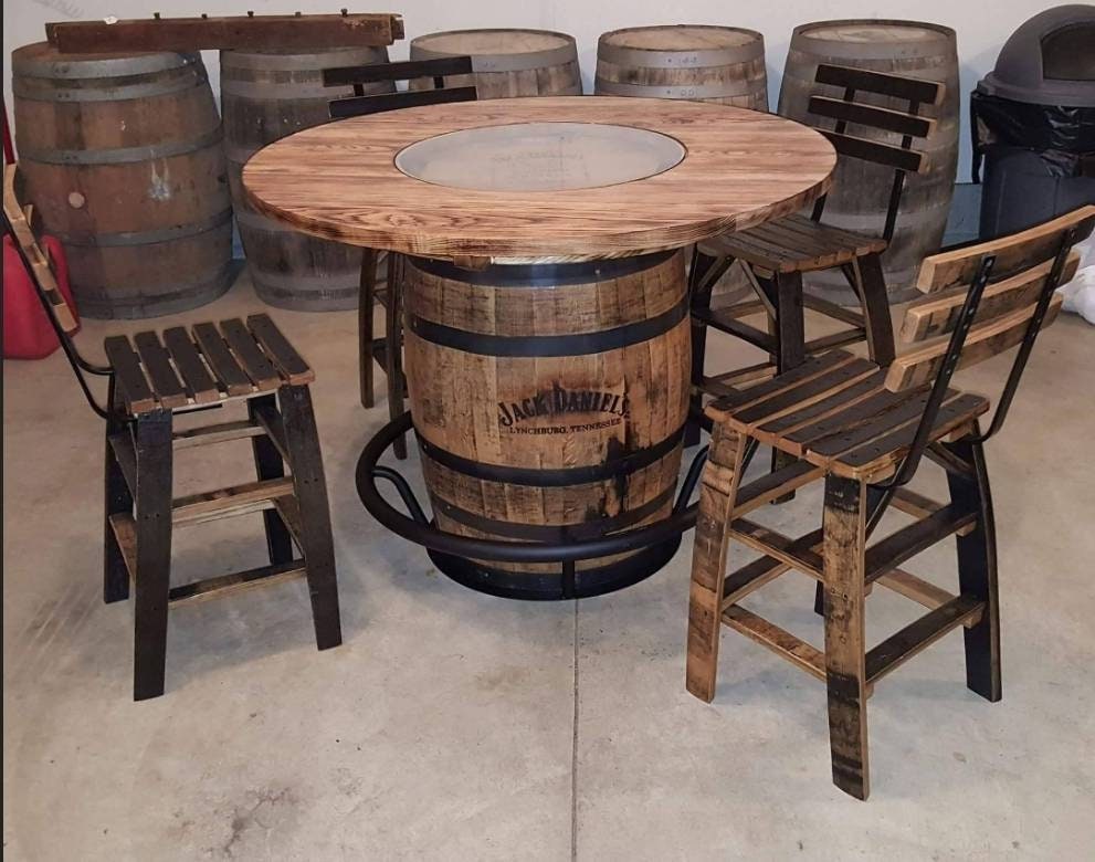 Jack Daniels® Whiskey Barrel, Table Top (48" burnt hickory) with Glass Inlay, Metal Footrest, and 4 Stave Stools - Free Shipping!