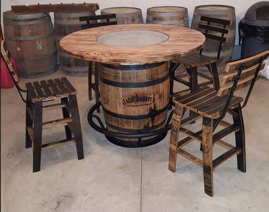 Jack Daniels® Whiskey Barrel, Table Top (48" burnt hickory) with Glass Inlay, Metal Footrest, and 4 Stave Stools - Free Shipping!