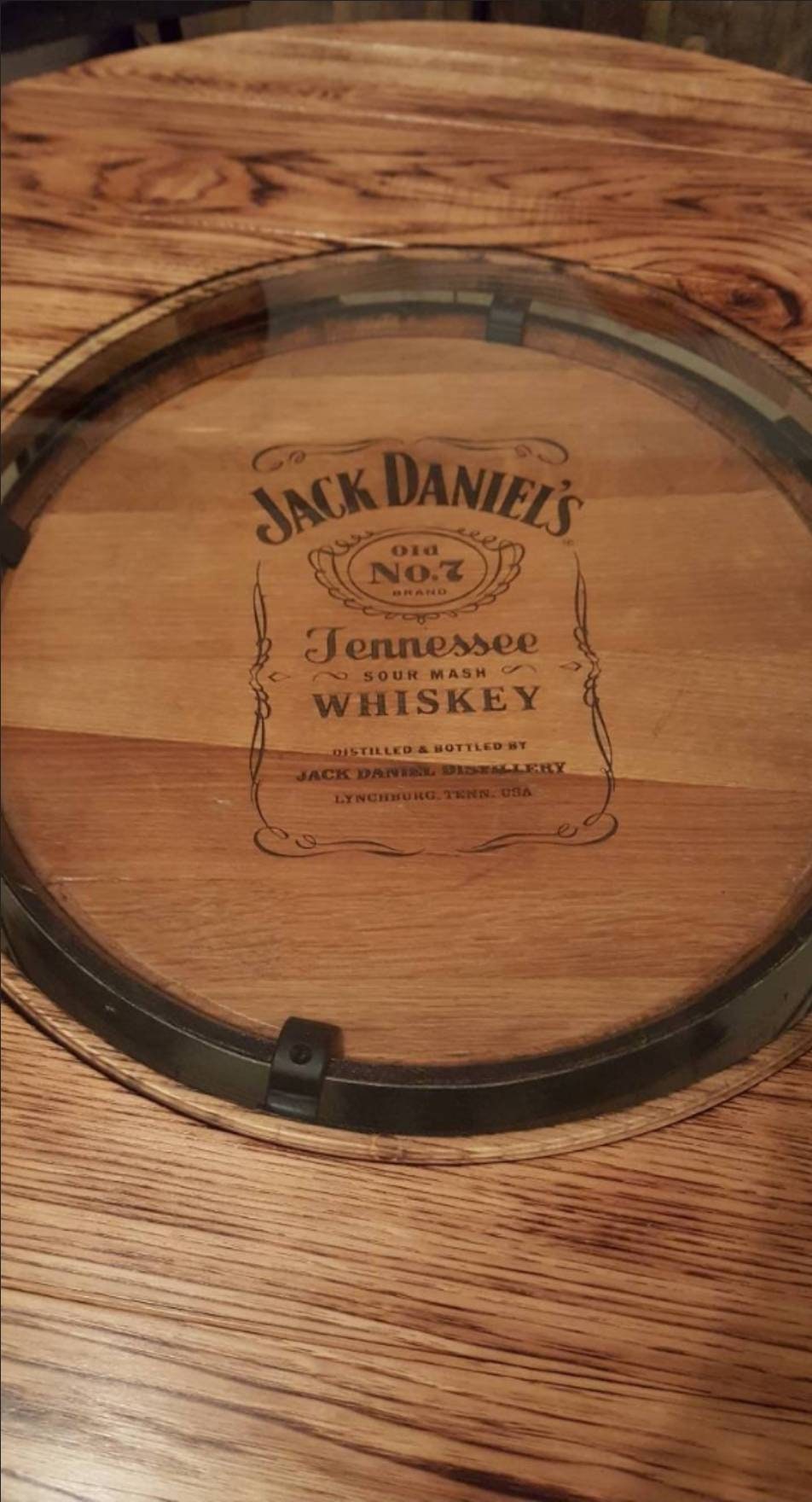 Jack Daniels® Whiskey Barrel, Table Top (48" burnt hickory) with Glass Inlay, Metal Footrest, and 4 Stave Stools - Free Shipping!