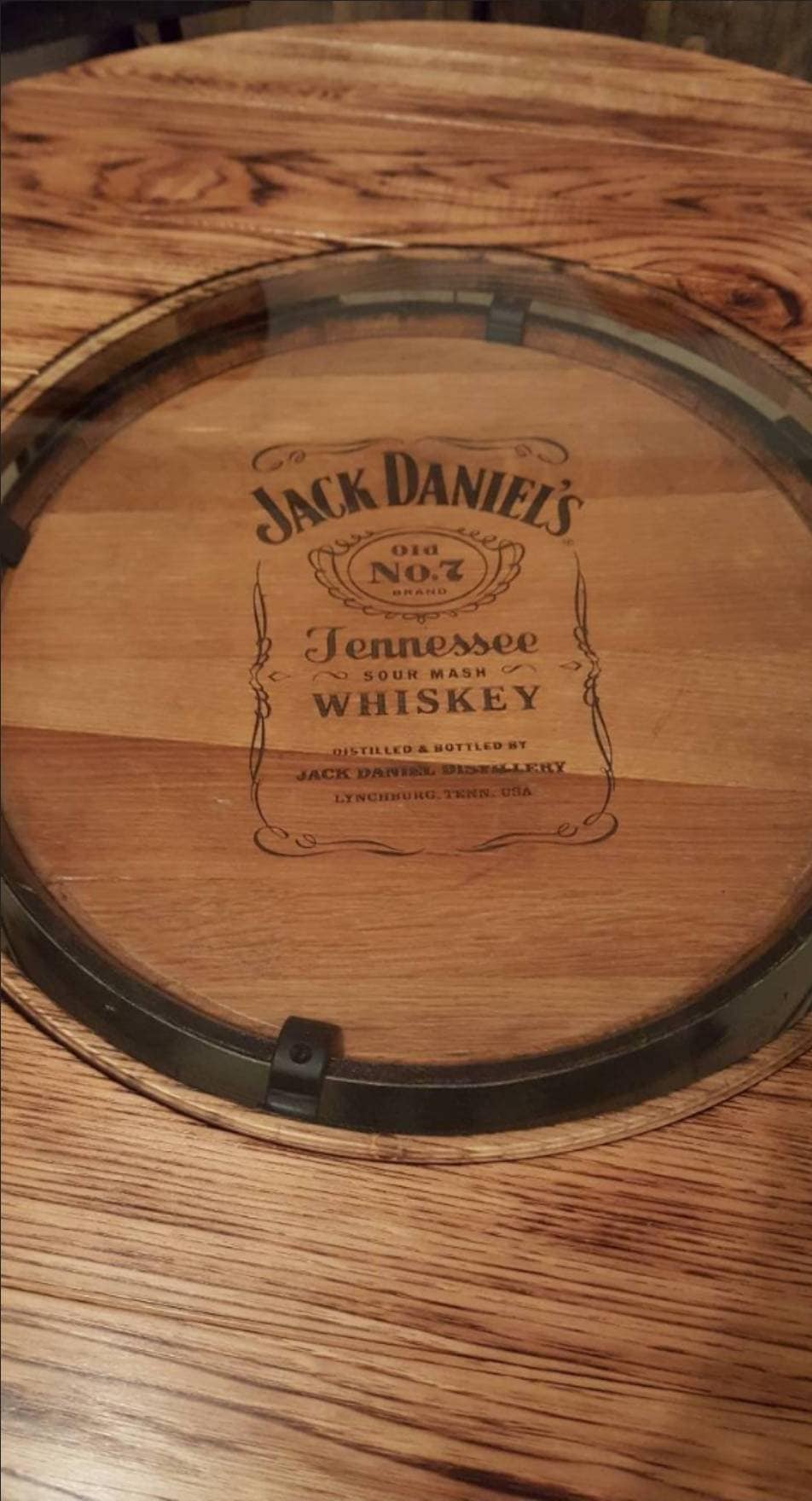 Jack Daniels® Whiskey Barrel, Table Top (48" or 56" burnt hickory), Glass Inlay, Elevated Metal Footrest, 4 - 6 Cushioned Stave Stools