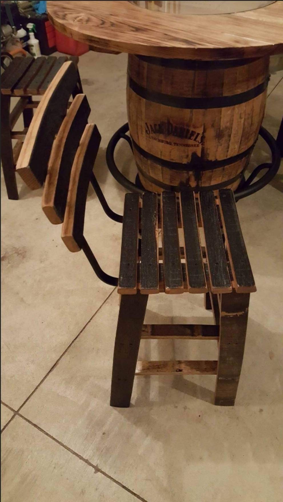 Jack Daniels® Whiskey Barrel, Table Top (48" burnt hickory) with Glass Inlay, Metal Footrest, and 4 Stave Stools - Free Shipping!