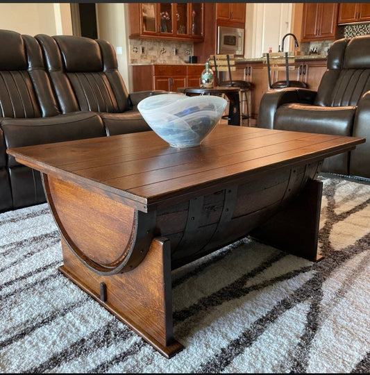 Whiskey Barrel Coffee Table, Lift Top, No Assembly Required