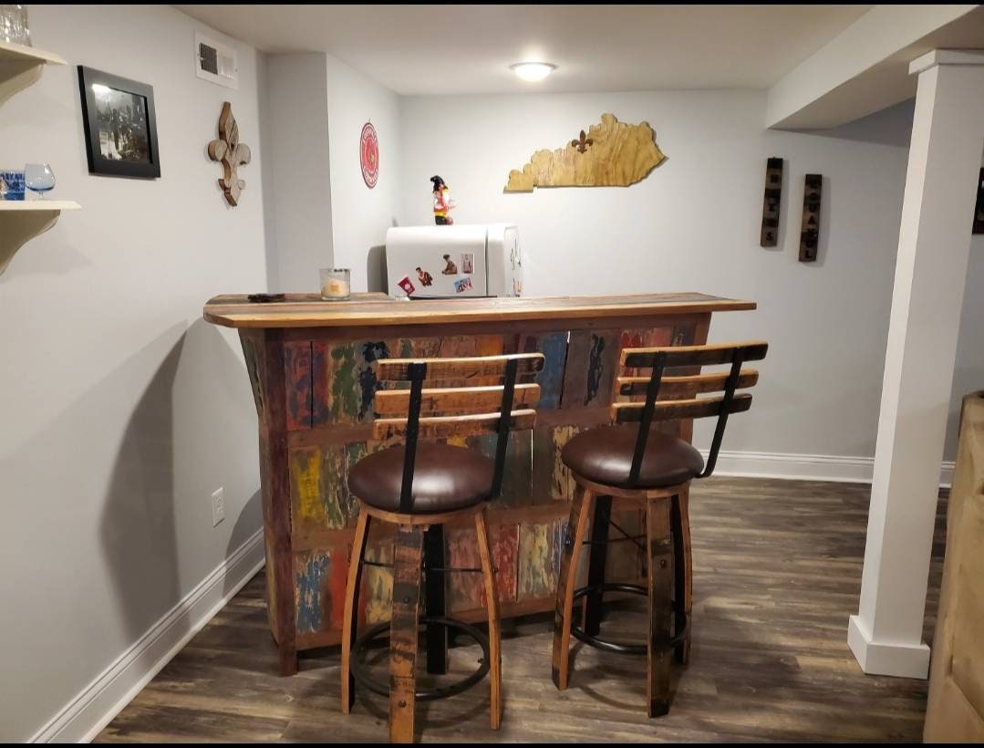 Whiskey Barrel Stave Bar Stool with Cushioned Swivel Seat, Footrest, Stave Back,(Brown or Black Cushion), FREE SHIPPING, Made in USA!