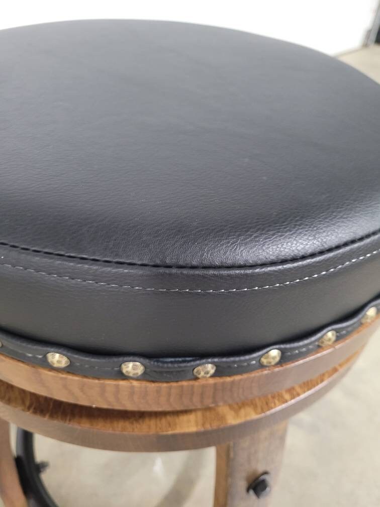Backless Whiskey Barrel Stave Bar Stool with Real Leather Cushioned Swivel Seat, Footrest, (Brown or Black Cushion), FREE SHIPPING