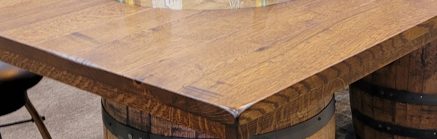 Jack Daniels® Double Whiskey Barrel, Table Top (48"X84" Reclaimed Barn Wood) with Glass Inlays, Metal Footrest, Free Shipping!