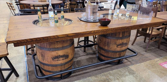 Jack Daniels® Double Whiskey Barrel, Table Top (48"X84" Reclaimed Barn Wood) with Glass Inlays, Metal Footrest, Free Shipping!