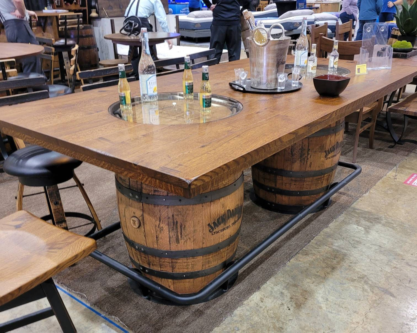 Jack Daniels® Double Whiskey Barrel, Table Top (48"X84" Reclaimed Barn Wood) with Glass Inlays, Metal Footrest, Free Shipping!