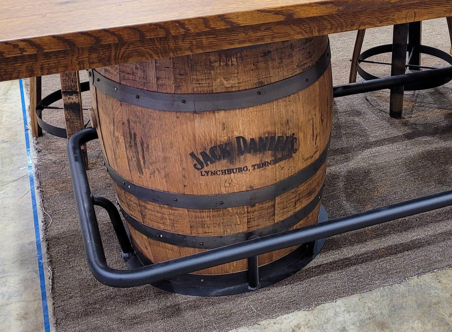 Jack Daniels® Double Whiskey Barrel, Table Top (48"X84" Reclaimed Barn Wood) with Glass Inlays, Metal Footrest, Free Shipping!