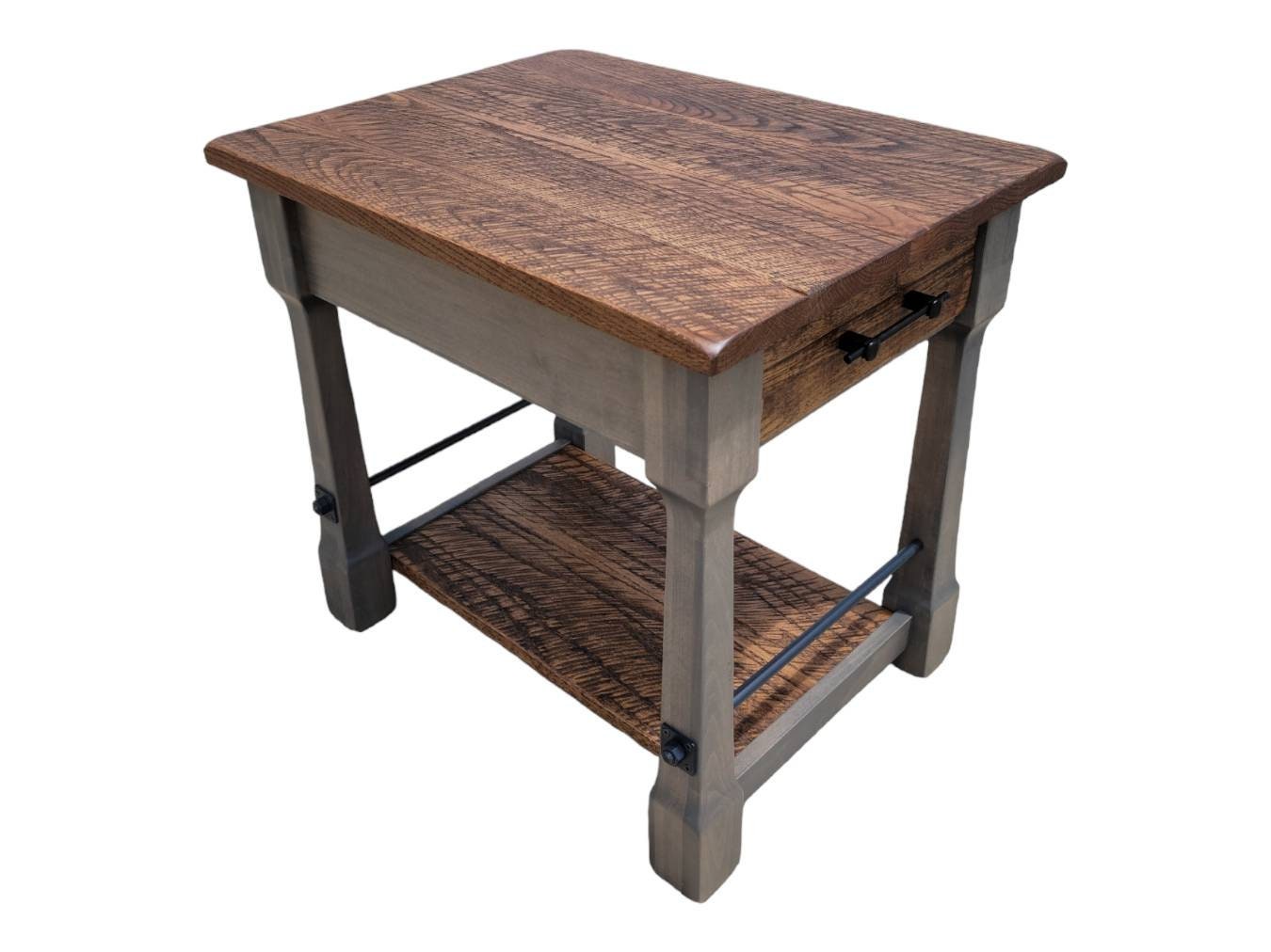 Rough Sawn White Oak End Table with Drawer and Shelf, Hand Built in the USA! Free Shipping