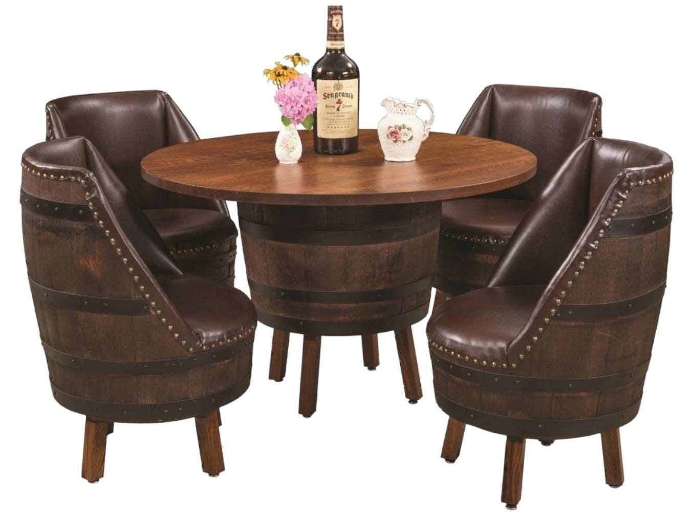 Whiskey Barrel Table Set with 4 Authentic Whiskey Barrel Chairs, Made in the USA!