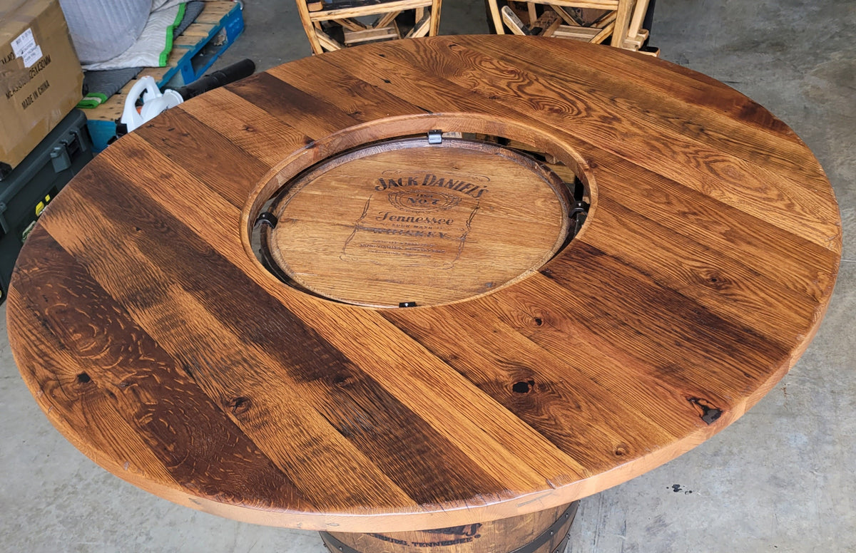 Reclaimed Barn Wood Whiskey Barrel Table TOP ONLY with Center Glass Inlay and Mounting Brackets, Free Shipping - Made in the USA!