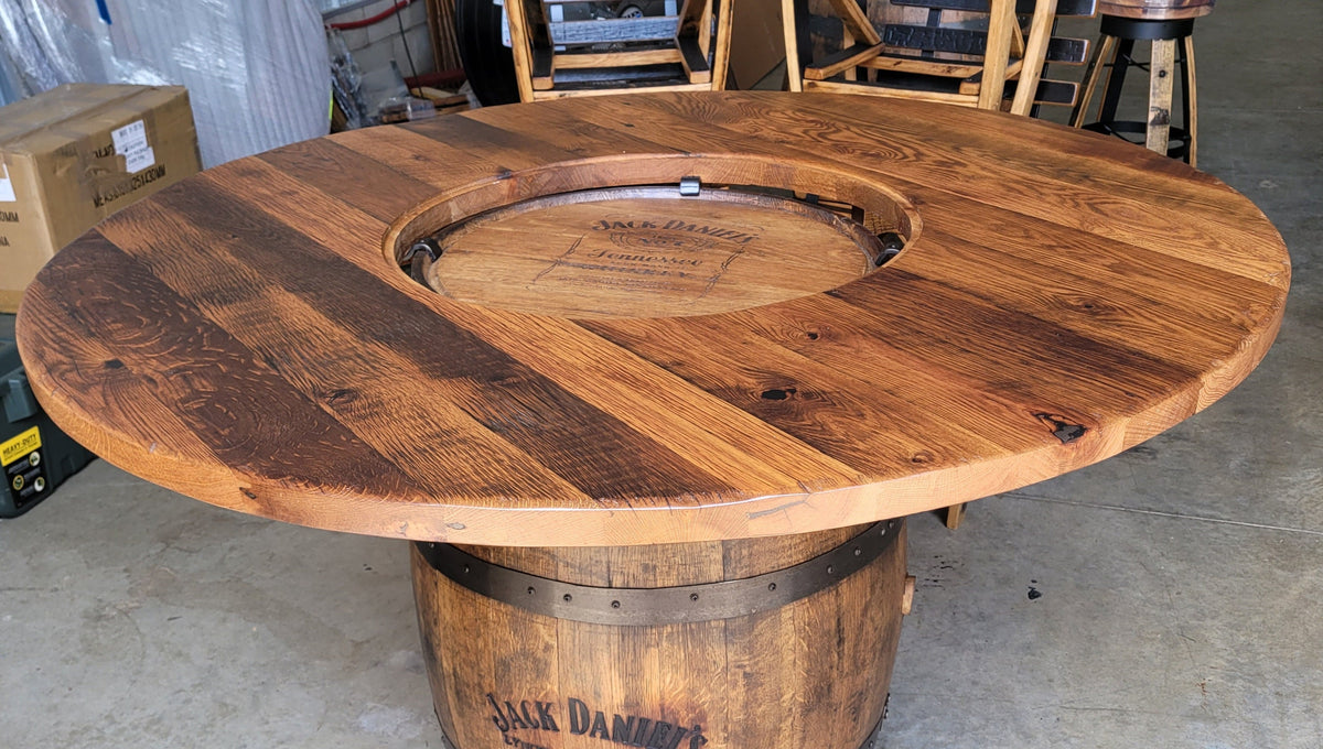 Reclaimed Barn Wood Whiskey Barrel Table TOP ONLY with Center Glass Inlay and Mounting Brackets, Free Shipping - Made in the USA!