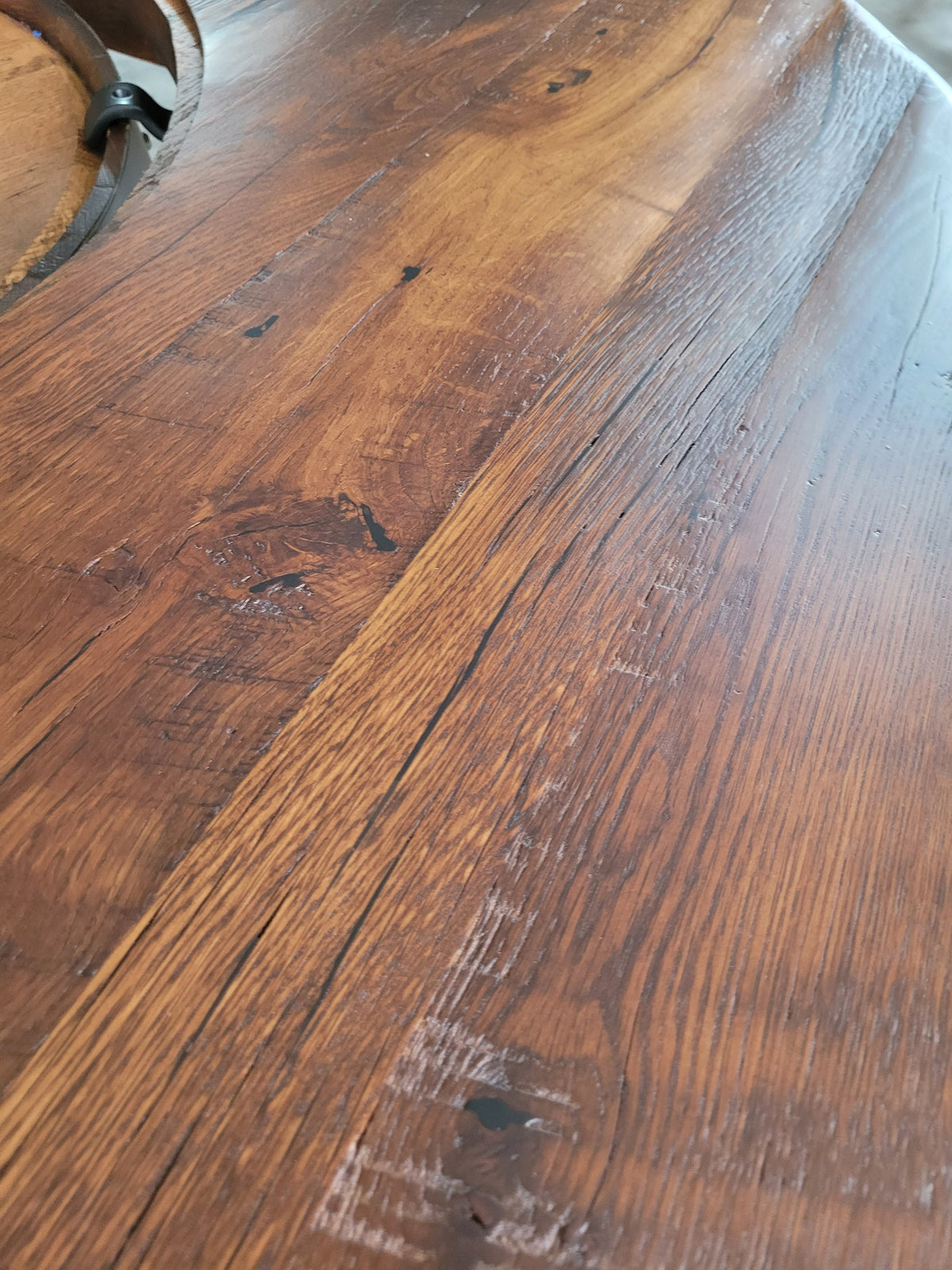 Reclaimed Barn Wood Whiskey Barrel Table TOP ONLY with Center Glass Inlay and Mounting Brackets, Free Shipping - Made in the USA!